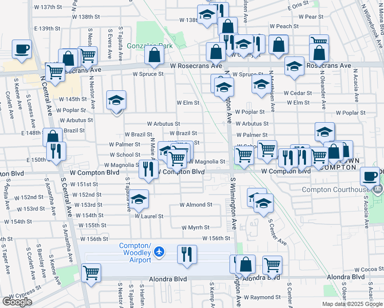map of restaurants, bars, coffee shops, grocery stores, and more near 922 West School Street in Compton