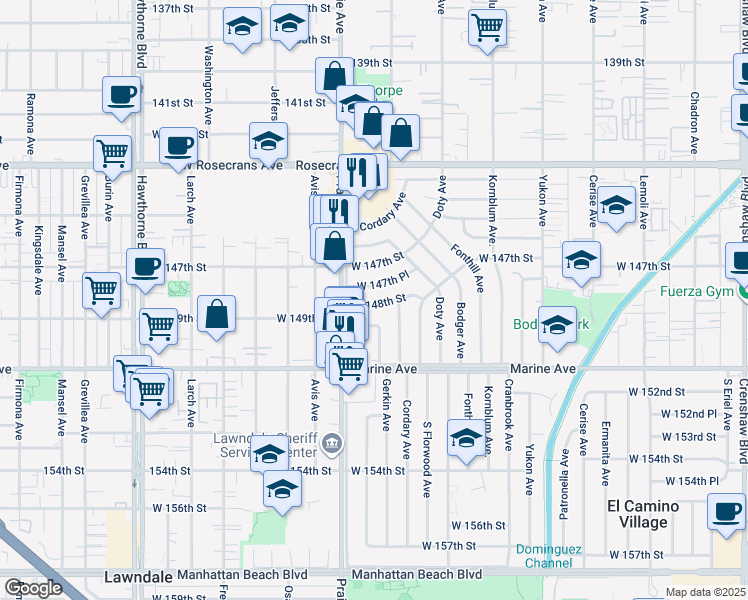 map of restaurants, bars, coffee shops, grocery stores, and more near 3921 148th Street in Hawthorne