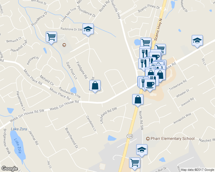 map of restaurants, bars, coffee shops, grocery stores, and more near 1291 Heritage Hills Circle in Snellville