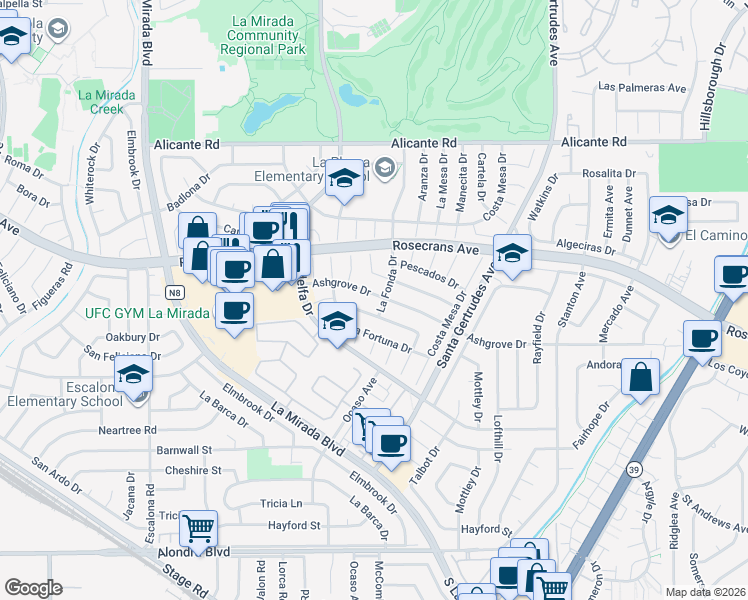 map of restaurants, bars, coffee shops, grocery stores, and more near 15438 Ashgrove Dr in La Mirada