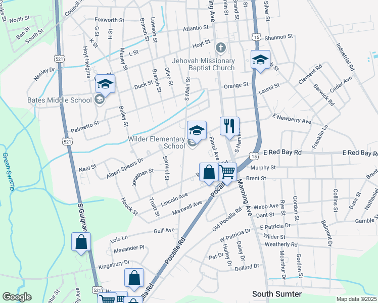 map of restaurants, bars, coffee shops, grocery stores, and more near 975 South Main Street in Sumter