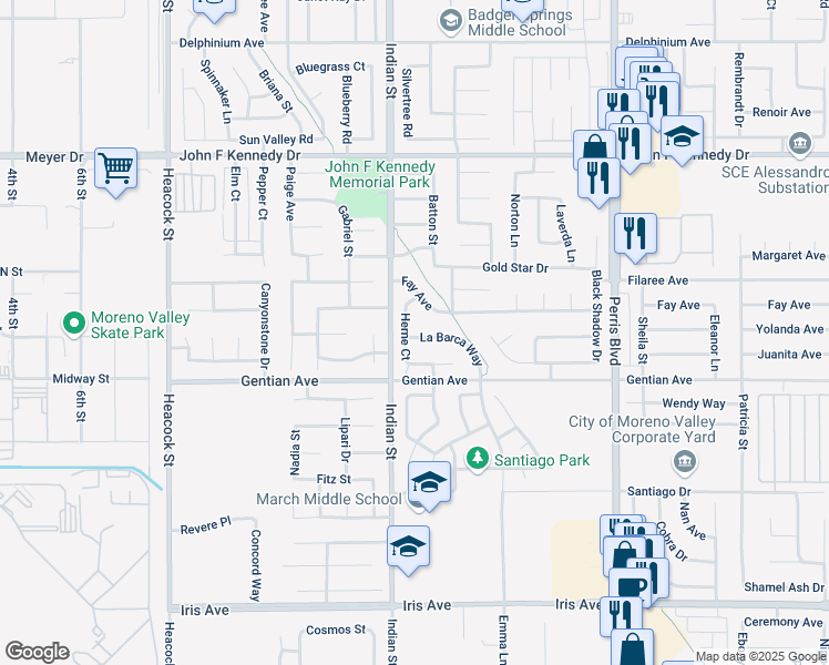 map of restaurants, bars, coffee shops, grocery stores, and more near 24532 La Barca Way in Moreno Valley