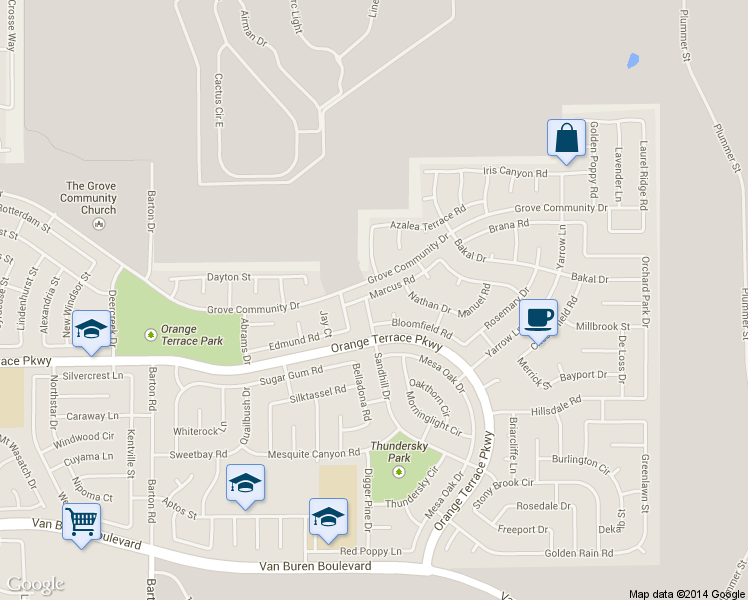 map of restaurants, bars, coffee shops, grocery stores, and more near 8522 Sandhill Drive in Riverside