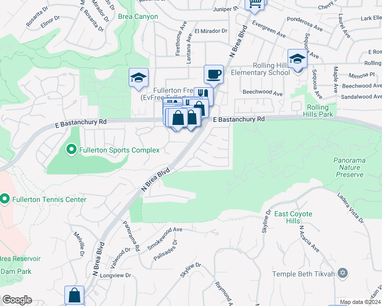 map of restaurants, bars, coffee shops, grocery stores, and more near 2505 Mill Lane in Fullerton