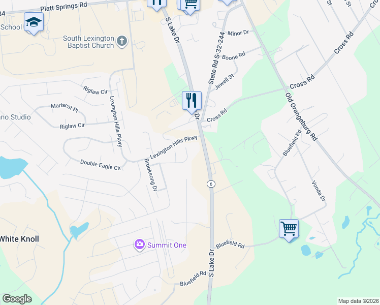map of restaurants, bars, coffee shops, grocery stores, and more near 182 Youpon Drive in Lexington