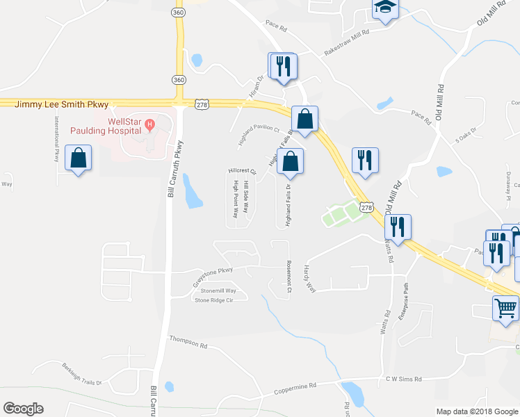 map of restaurants, bars, coffee shops, grocery stores, and more near 488 Hillcrest Circle in Hiram