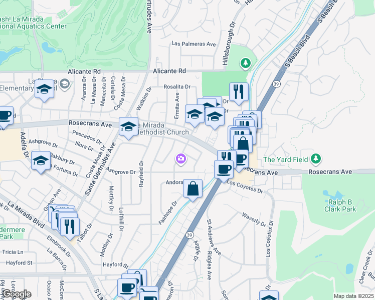 map of restaurants, bars, coffee shops, grocery stores, and more near 14724 Mercado Avenue in La Mirada