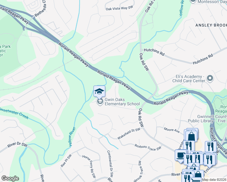 map of restaurants, bars, coffee shops, grocery stores, and more near 423 Comanche Trail in Lawrenceville