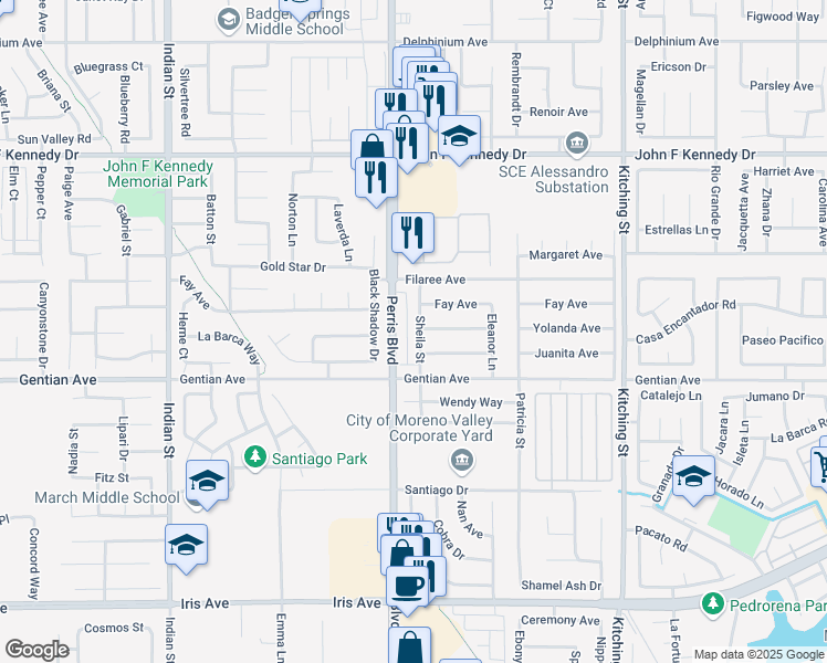 map of restaurants, bars, coffee shops, grocery stores, and more near 25071 Yolanda Avenue in Moreno Valley