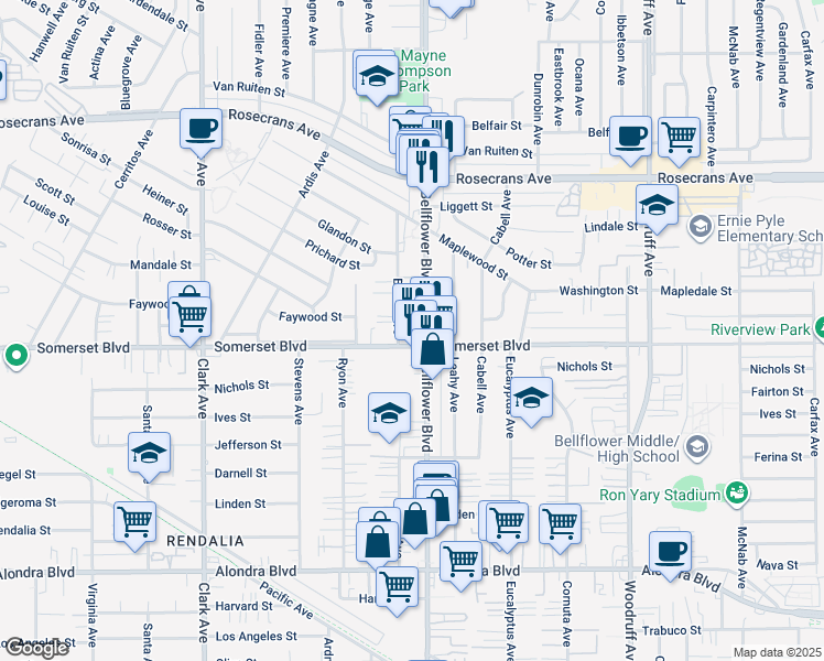 map of restaurants, bars, coffee shops, grocery stores, and more near 9743 Somerset Boulevard in Bellflower