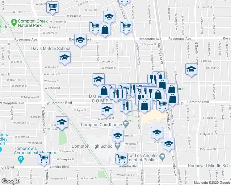map of restaurants, bars, coffee shops, grocery stores, and more near 309 West Magnolia Street in Compton