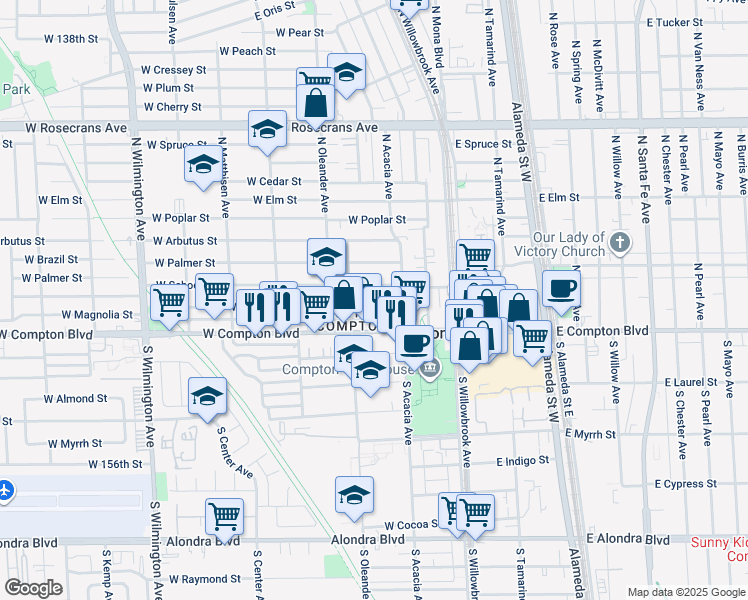 map of restaurants, bars, coffee shops, grocery stores, and more near in Compton