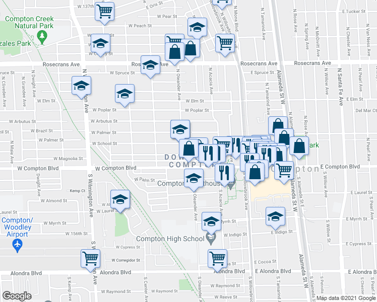 map of restaurants, bars, coffee shops, grocery stores, and more near in Compton
