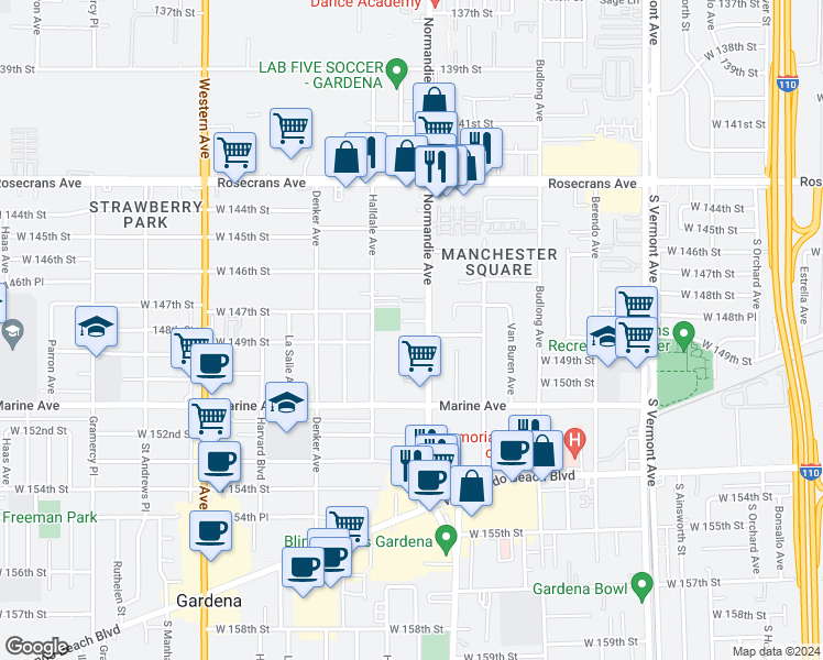 map of restaurants, bars, coffee shops, grocery stores, and more near in Gardena