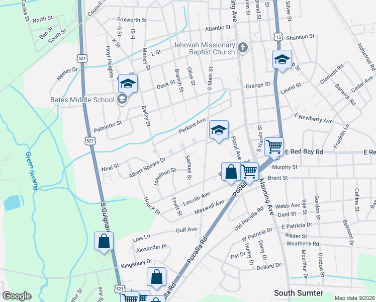 map of restaurants, bars, coffee shops, grocery stores, and more near 28 Albert Spears Drive in Sumter