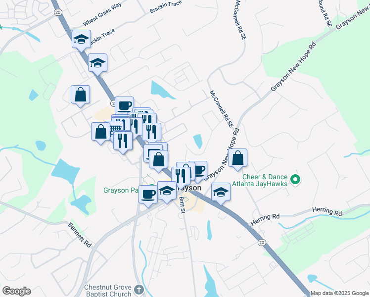 map of restaurants, bars, coffee shops, grocery stores, and more near 194 Green Love Lane in Grayson