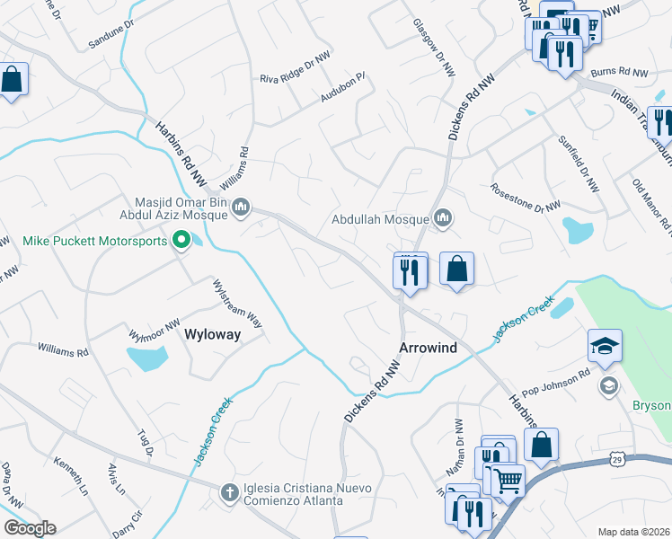 map of restaurants, bars, coffee shops, grocery stores, and more near 695 Harbins Cove Drive in Lilburn
