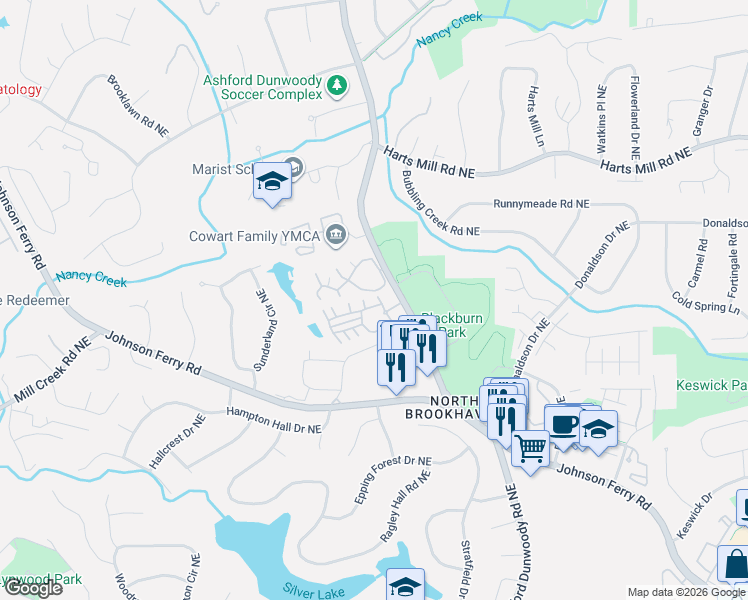 map of restaurants, bars, coffee shops, grocery stores, and more near 3645 Ashford Creek Place Northeast in Atlanta