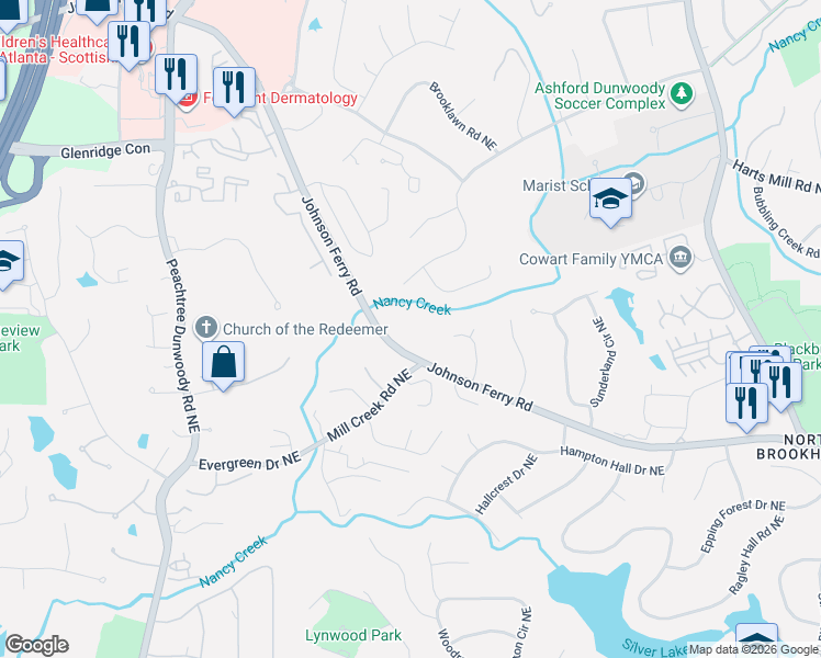 map of restaurants, bars, coffee shops, grocery stores, and more near 1690 South Johnson Ferry Road Northeast in Atlanta
