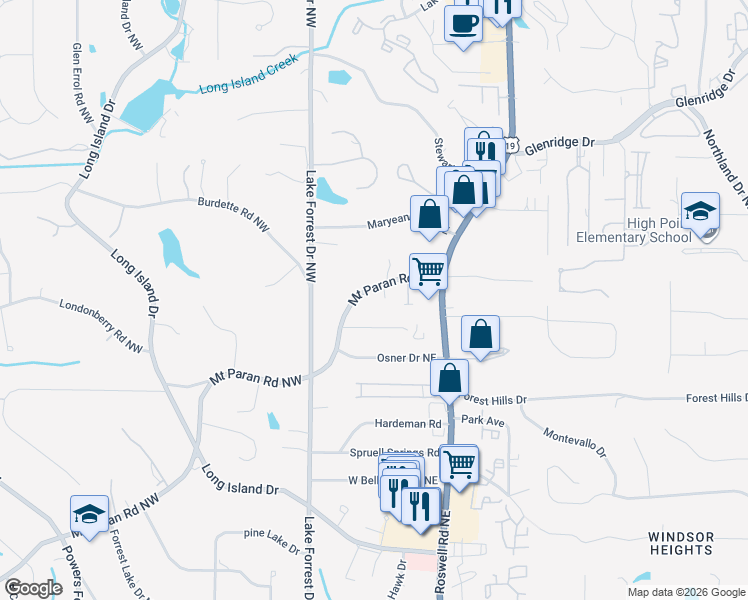 map of restaurants, bars, coffee shops, grocery stores, and more near 500 Park Gate Court in Atlanta