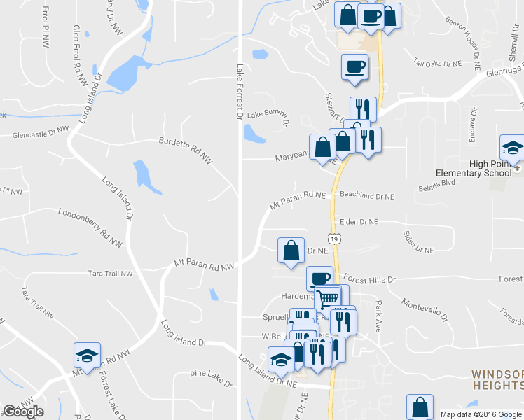 map of restaurants, bars, coffee shops, grocery stores, and more near 90 Mount Paran Road Northwest in Atlanta