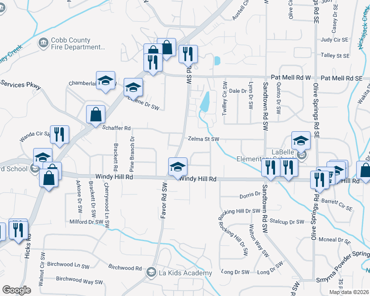 map of restaurants, bars, coffee shops, grocery stores, and more near 358 Copeland Lane Southwest in Marietta