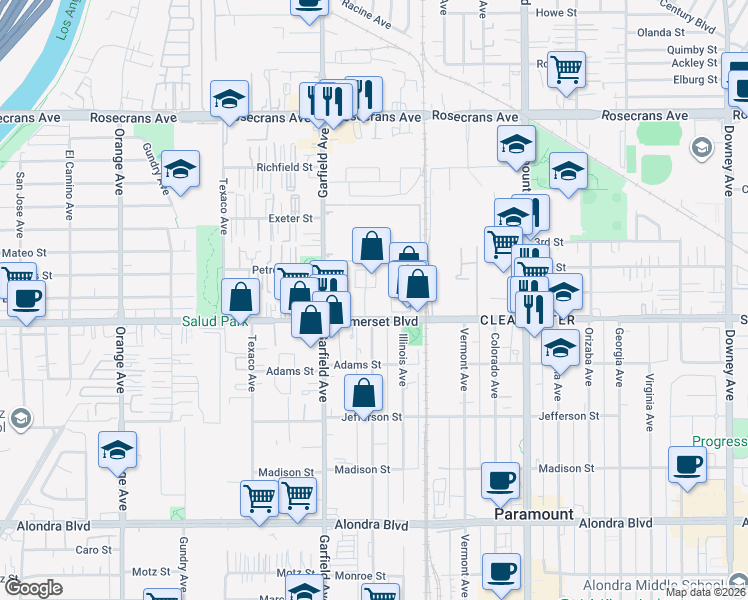 map of restaurants, bars, coffee shops, grocery stores, and more near 14932 Gwenchris Court in Paramount