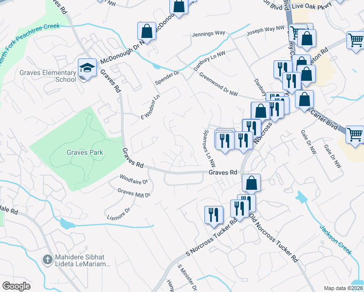 map of restaurants, bars, coffee shops, grocery stores, and more near Treehouse Parkway in Norcross
