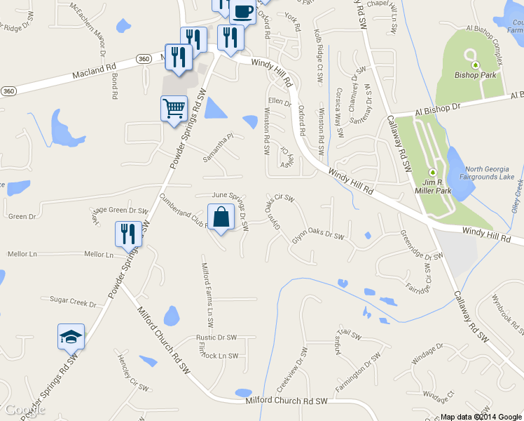map of restaurants, bars, coffee shops, grocery stores, and more near 1439 Glynn Oaks Cir SW in Marietta