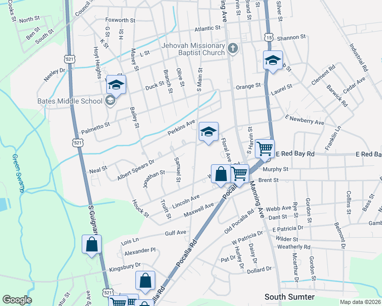 map of restaurants, bars, coffee shops, grocery stores, and more near 954 South Main Street in Sumter