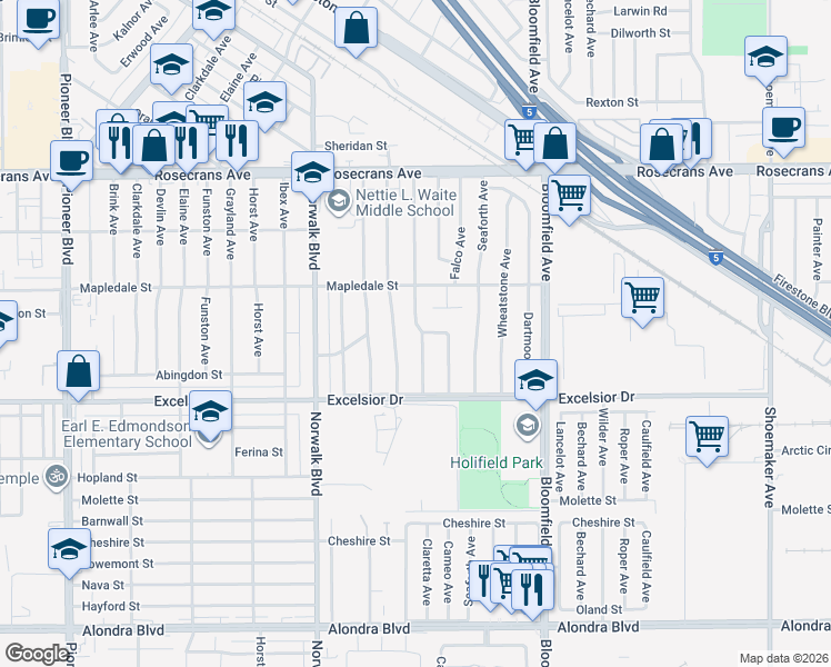 map of restaurants, bars, coffee shops, grocery stores, and more near 14651 Helwig Avenue in Norwalk
