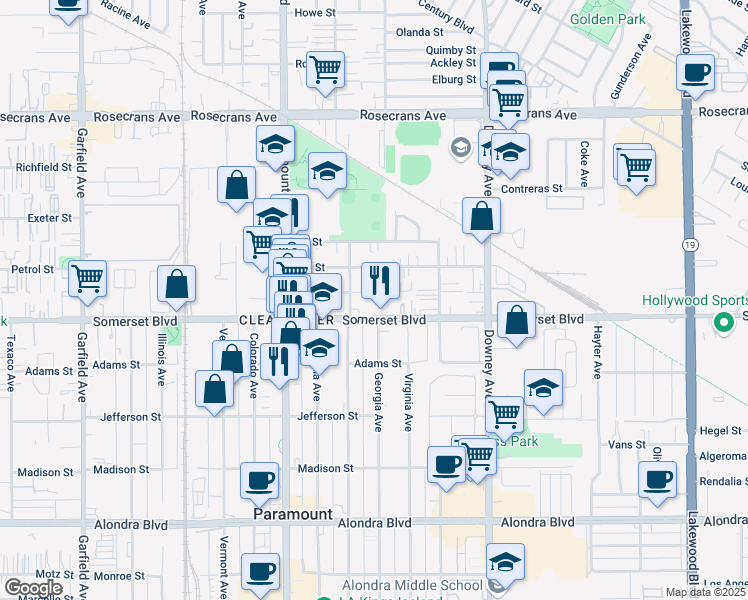 map of restaurants, bars, coffee shops, grocery stores, and more near 8128 1st Street in Paramount