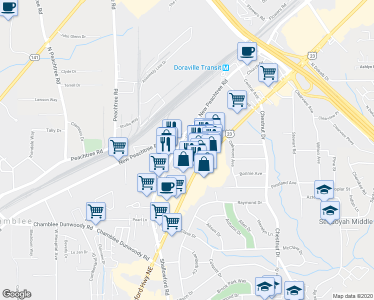 map of restaurants, bars, coffee shops, grocery stores, and more near 3687 Shallowford Road in Doraville