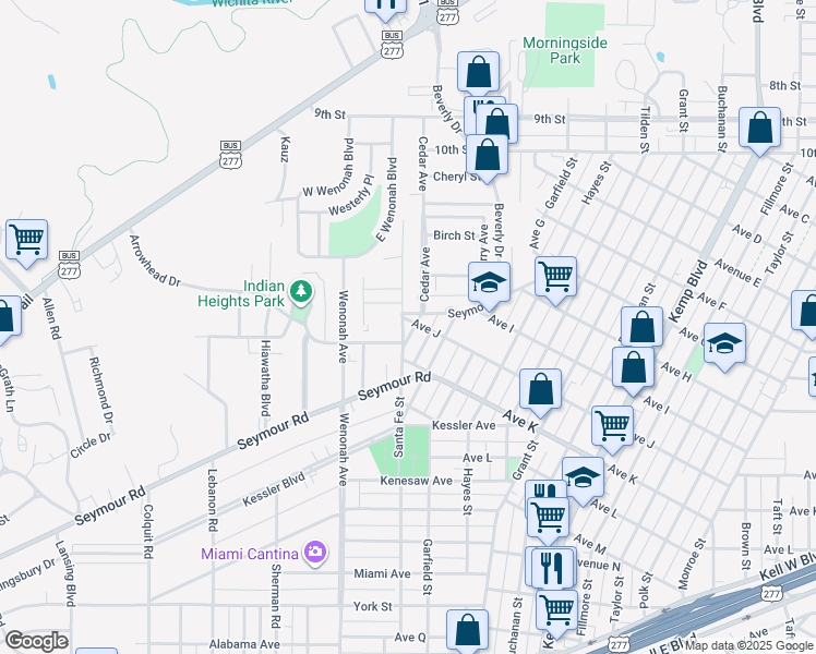 map of restaurants, bars, coffee shops, grocery stores, and more near 2001 Santa Fe Street in Wichita Falls