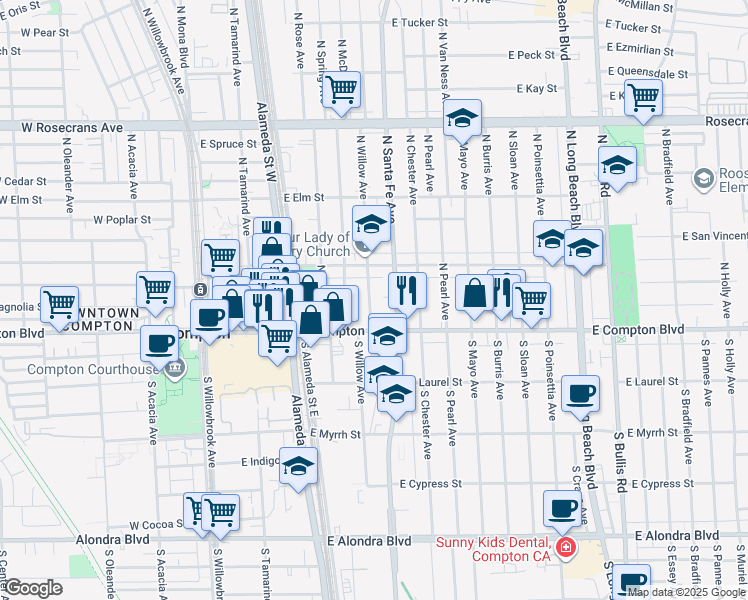 map of restaurants, bars, coffee shops, grocery stores, and more near 200 North Willow Avenue in Compton