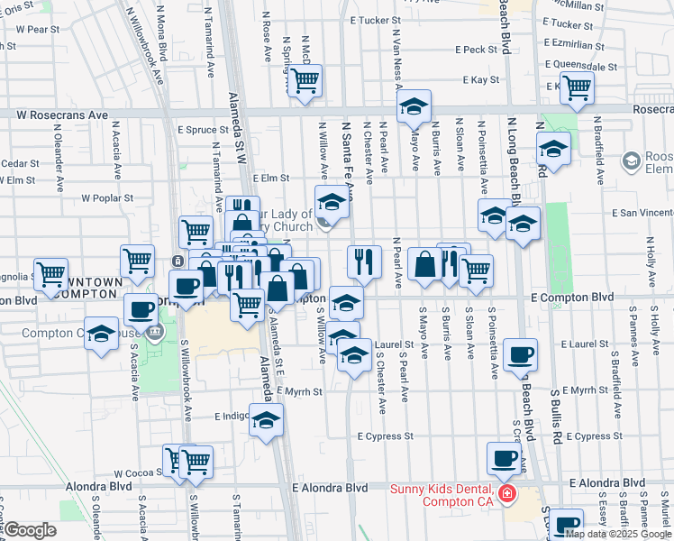 map of restaurants, bars, coffee shops, grocery stores, and more near 200 North Willow Avenue in Compton