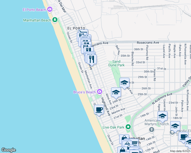 map of restaurants, bars, coffee shops, grocery stores, and more near 3016 Highland Avenue in Manhattan Beach