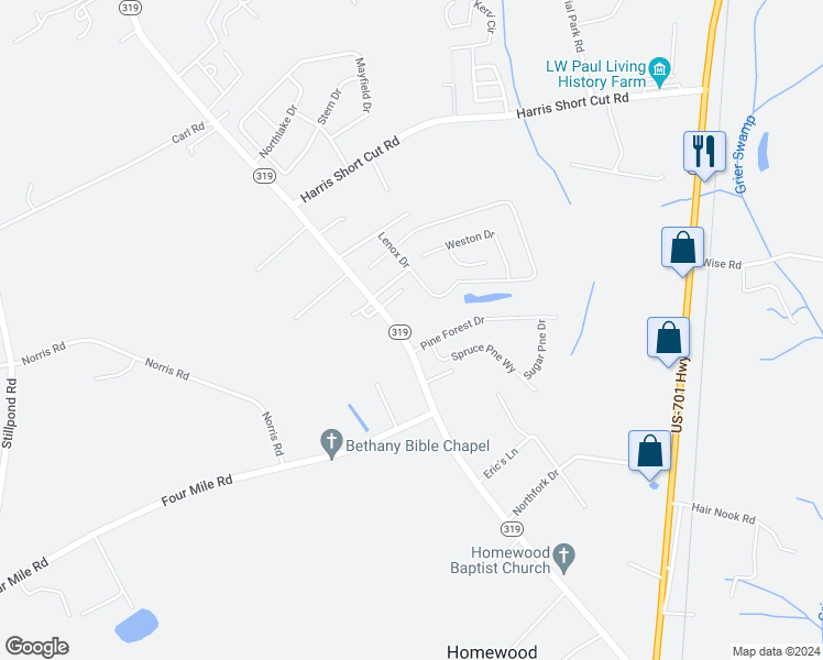 map of restaurants, bars, coffee shops, grocery stores, and more near 3682 South Carolina 319 in Conway