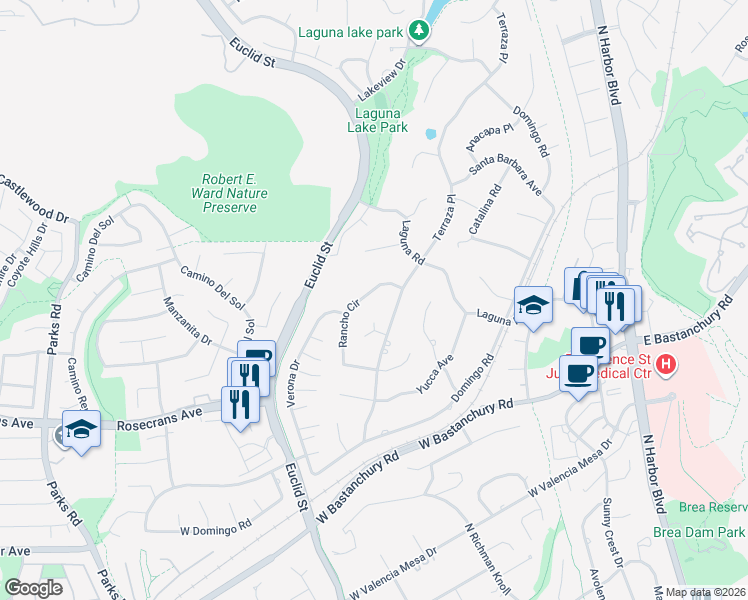 map of restaurants, bars, coffee shops, grocery stores, and more near 931 Rancho Circle in Fullerton