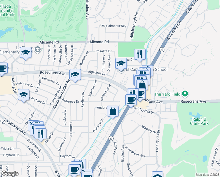 map of restaurants, bars, coffee shops, grocery stores, and more near 14724 Mercado Avenue in La Mirada