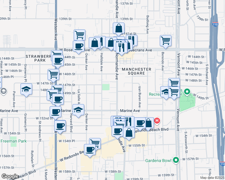 map of restaurants, bars, coffee shops, grocery stores, and more near 1412 148th Street in Gardena