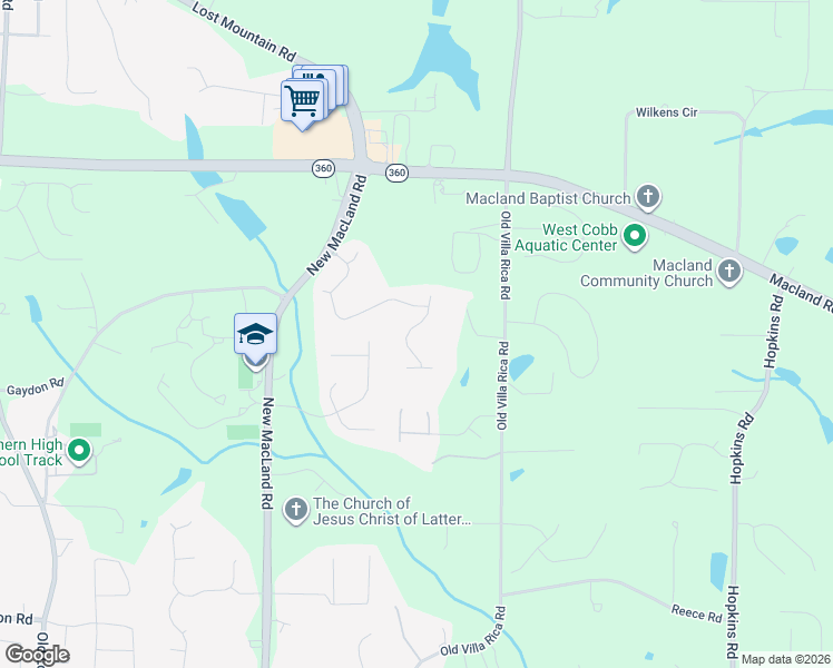 map of restaurants, bars, coffee shops, grocery stores, and more near 2325 Estapa Drive in Powder Springs