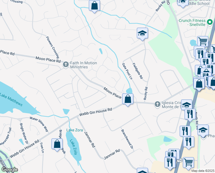 map of restaurants, bars, coffee shops, grocery stores, and more near 1870 Milfield Circle in Snellville