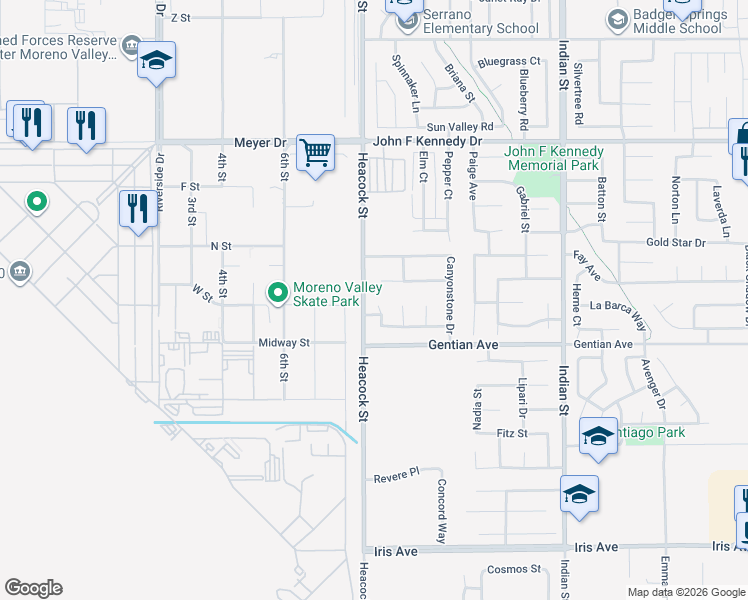 map of restaurants, bars, coffee shops, grocery stores, and more near 15395 Fugate Court in Moreno Valley
