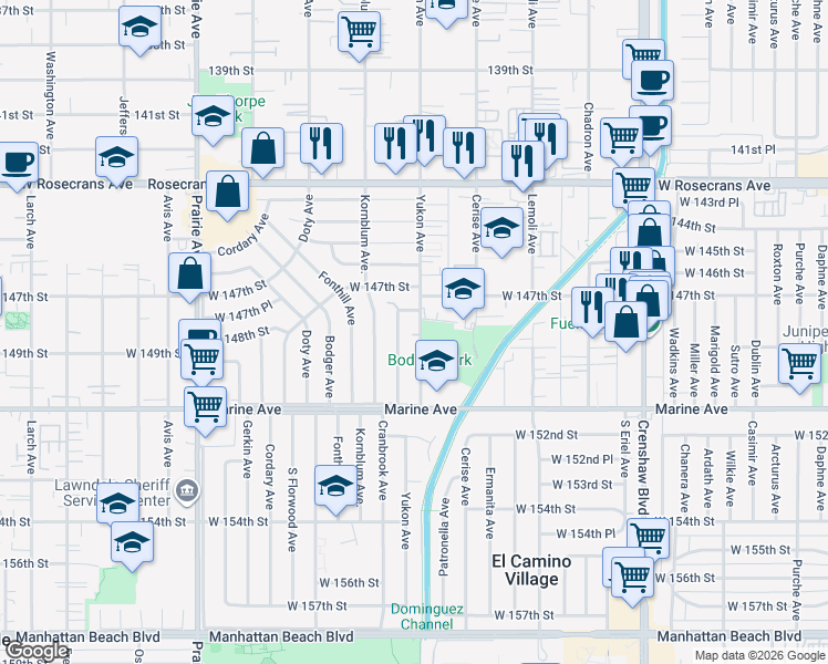 map of restaurants, bars, coffee shops, grocery stores, and more near 14733 Yukon Avenue in Hawthorne
