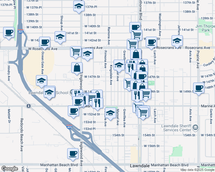 map of restaurants, bars, coffee shops, grocery stores, and more near 14806 Firmona Avenue in Lawndale