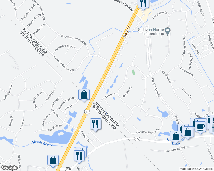 map of restaurants, bars, coffee shops, grocery stores, and more near 11 Court 11 Northwest Drive in Carolina Shores