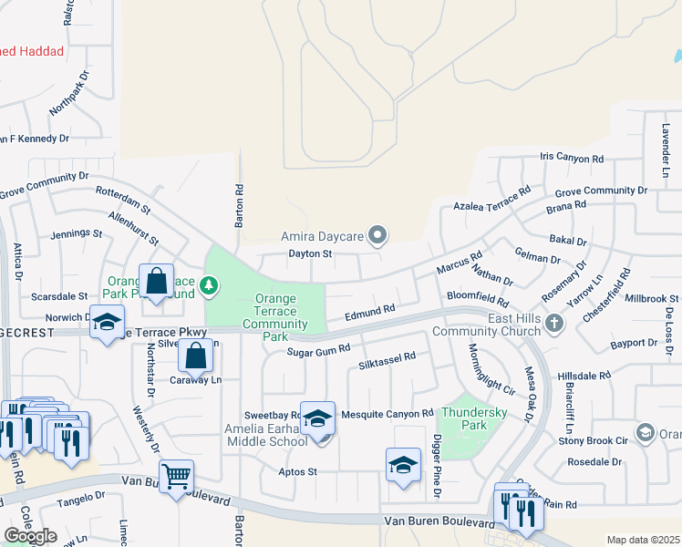 map of restaurants, bars, coffee shops, grocery stores, and more near 8432 Roxy Circle in Riverside