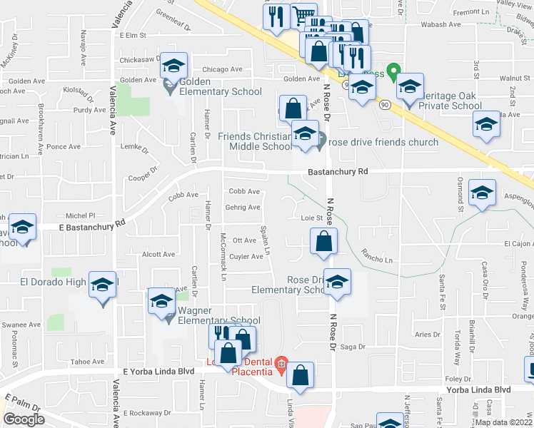 map of restaurants, bars, coffee shops, grocery stores, and more near 1914 Spahn Lane in Placentia
