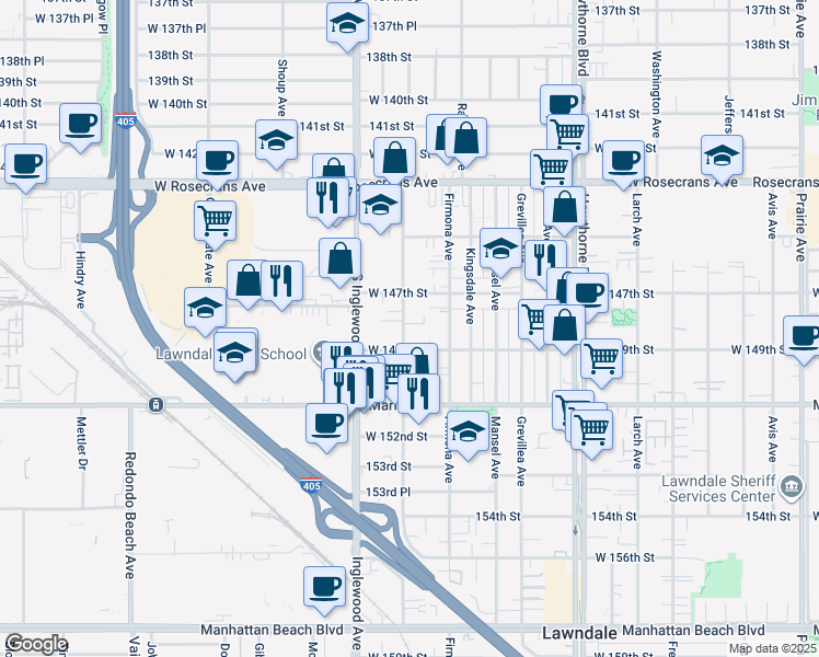map of restaurants, bars, coffee shops, grocery stores, and more near 14808 Condon Avenue in Lawndale